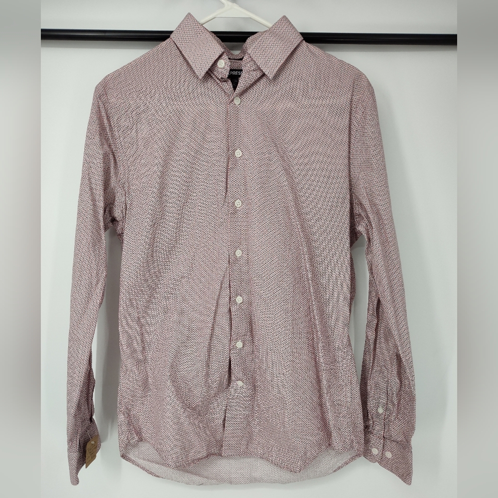 Express Men's Slim Long-Sleeve Dress Shirt - Red Black & White Microprint Size M